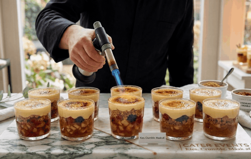 Ambachtelijke Humble Crumble dessert met krokante topping en vers fruit geserveerd in cateringstijl