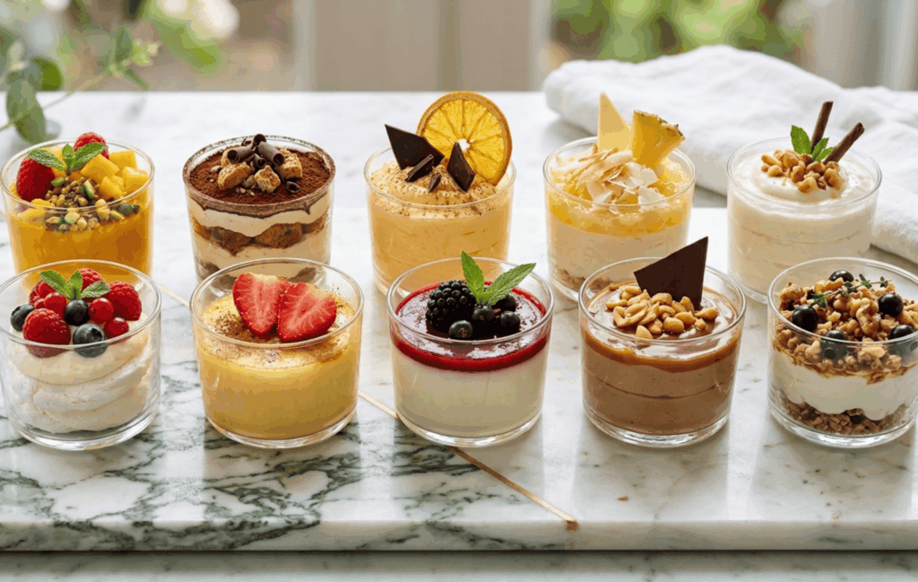 Luxe zoete glaasjes desserts met mousse, cheesecake en fruit in kleine glaasjes voor catering en evenementen