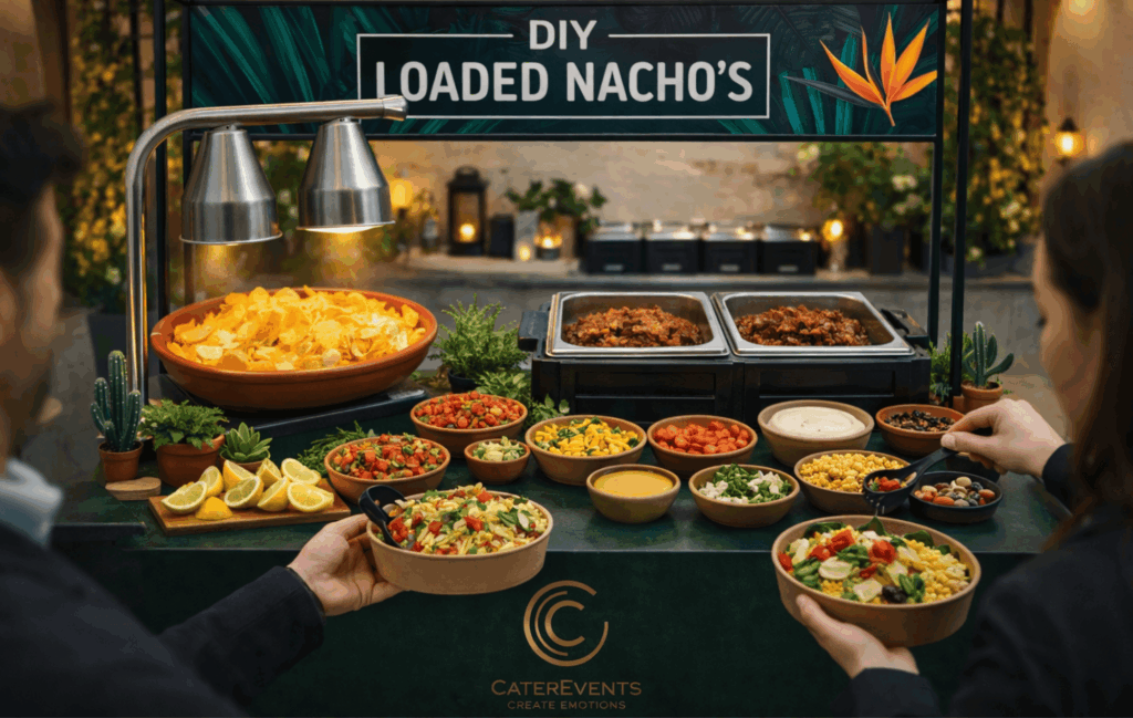 Do-it-yourself loaded nachos foodcorner met tortilla chips, kaas, guacamole en toppings voor evenementen en catering