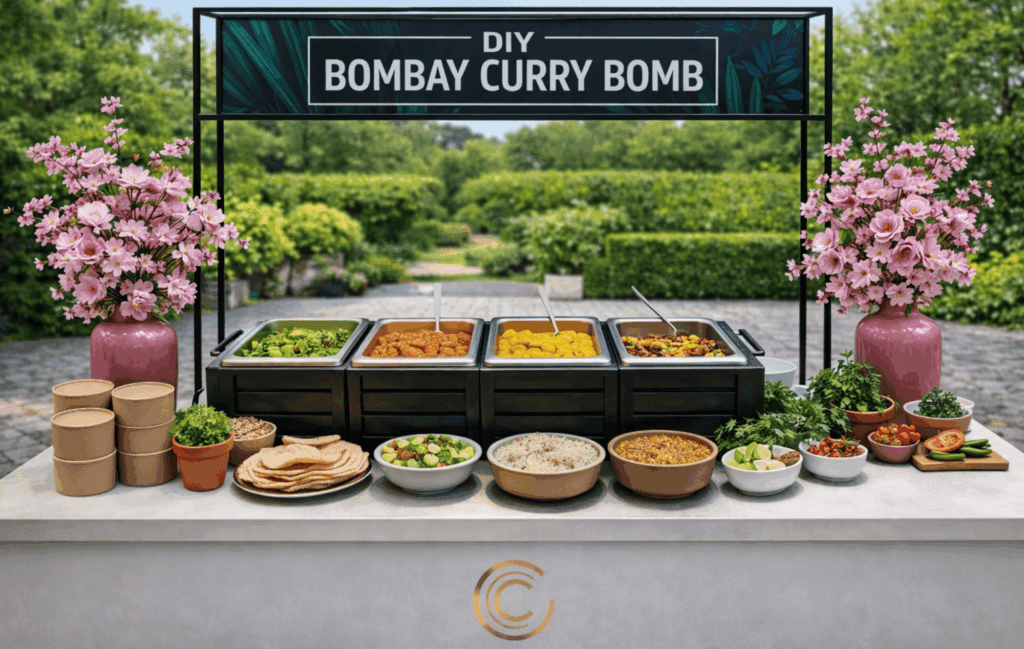 Do It Yourself Foodcorner Bombay Curry Bomb catering met Indiase curry, rijst en toppings