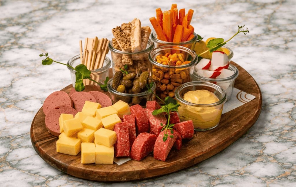 Tafelgarnituur NED.nl met kaas, worst, noten, groenten en mosterddip gepresenteerd op tafel