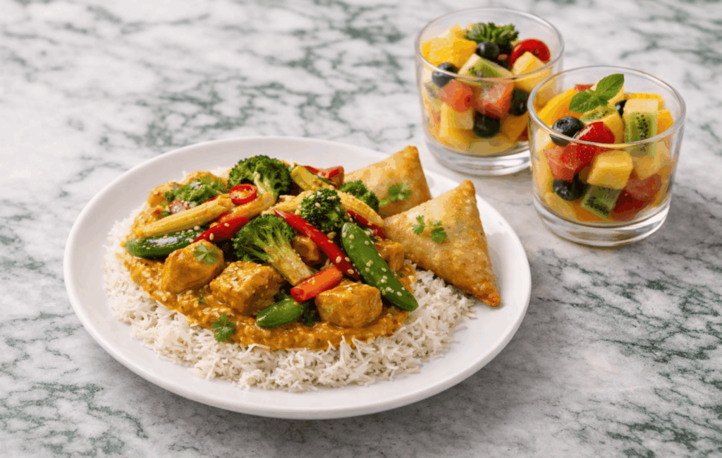 Bord met Asian lunchbuffet met basmatirijst, chicken tikka masala en verse frisse fruitsalade van CaterEvents