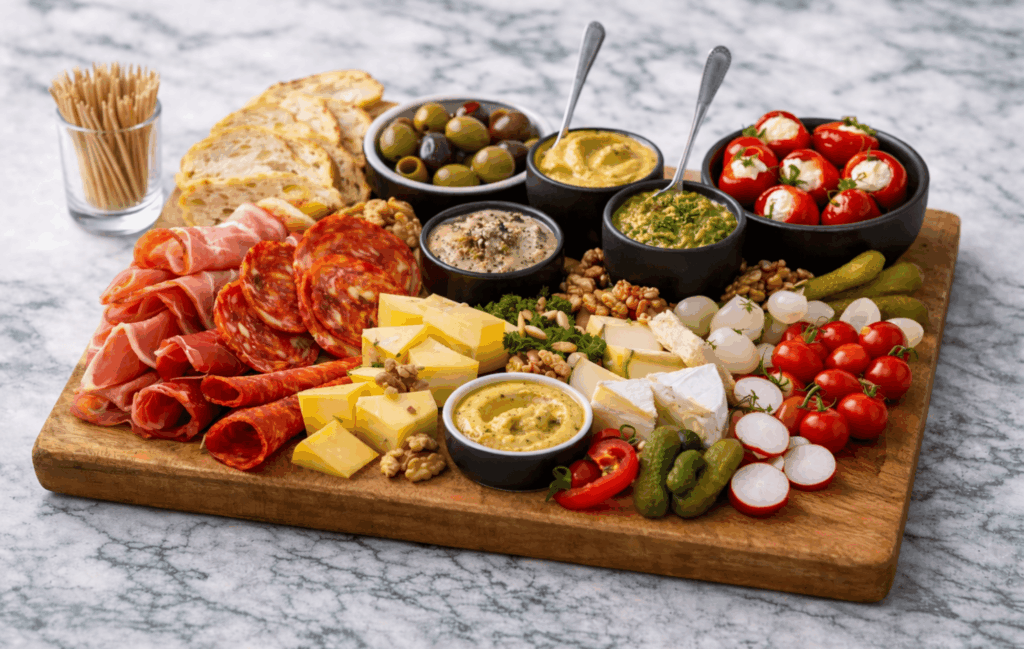Borrelplank met parmaham, chorizo, diverse kazen en dips - luxe tafelgarnituur van CaterEvents