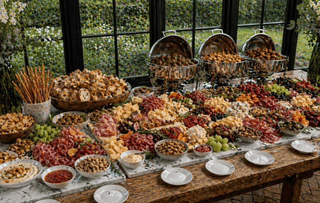 Luxe grazing table met borrelhapjes, kazen, charcuterie en vers fruit voor event catering in Nederland