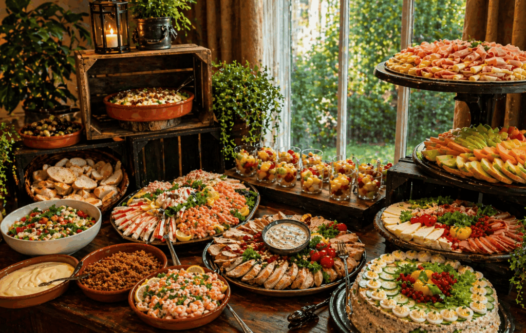 Klassiek buffet met warme en koude gerechten, salades en bijgerechten voor buffet catering.