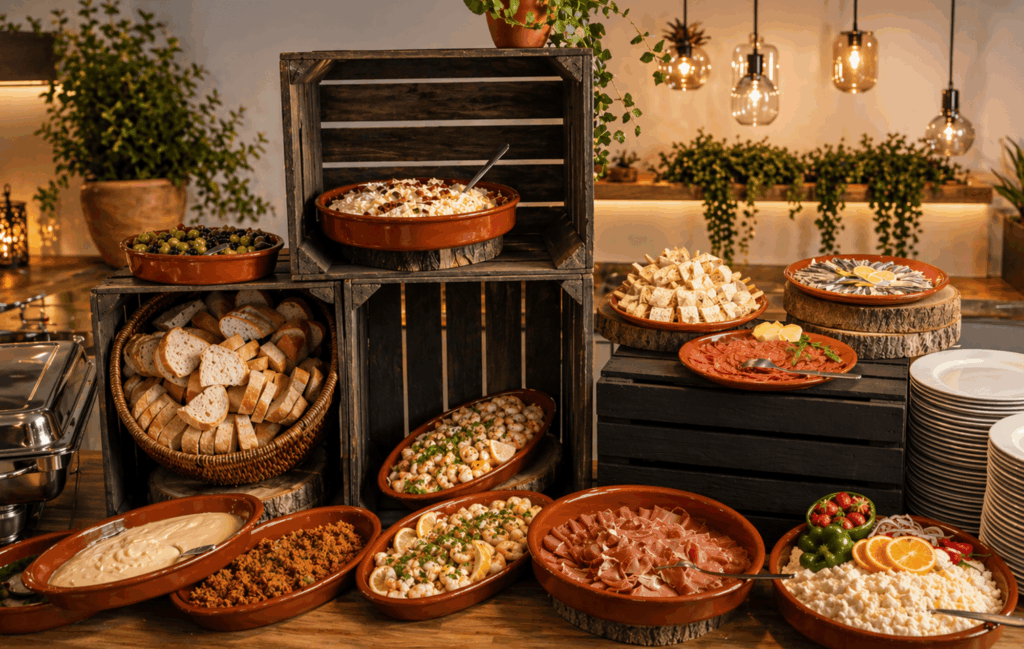Spaans tapas buffet Viva España met mediterrane hapjes, vlees, vis en vegetarische gerechten voor catering