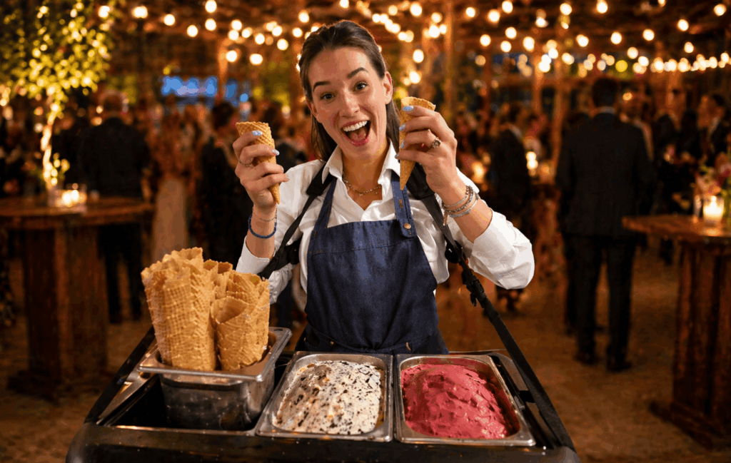 IJsmeisje serveert ambachtelijk schepijs dessert catering evenement