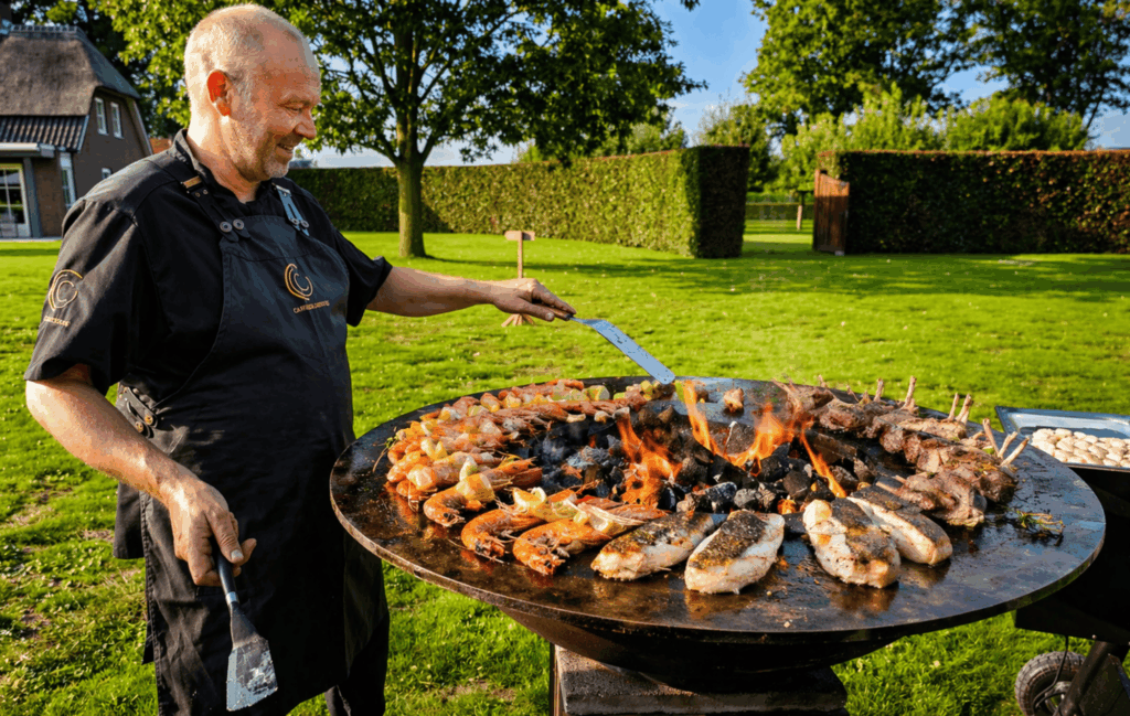 Ofyr culinair chef bereidt live BBQ gerechten bij CaterEvents catering