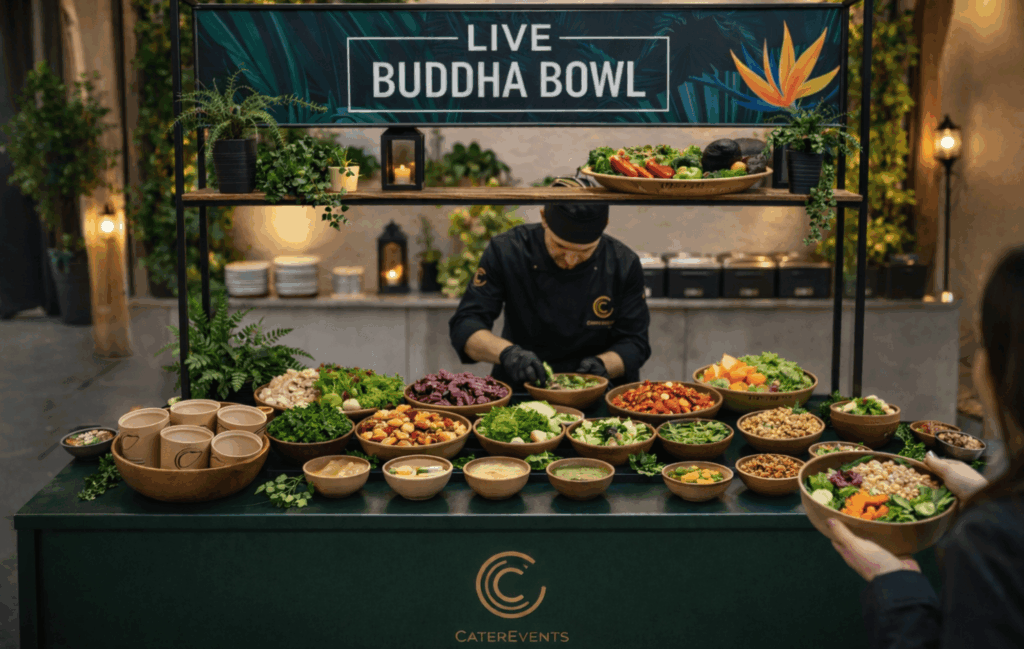 Luxe buddha bowl live foodcorner van CaterEvents met verse groenten, gezonde toppings en live cooking catering voor bedrijfsfeesten, evenementen, beurzen en bruiloften.